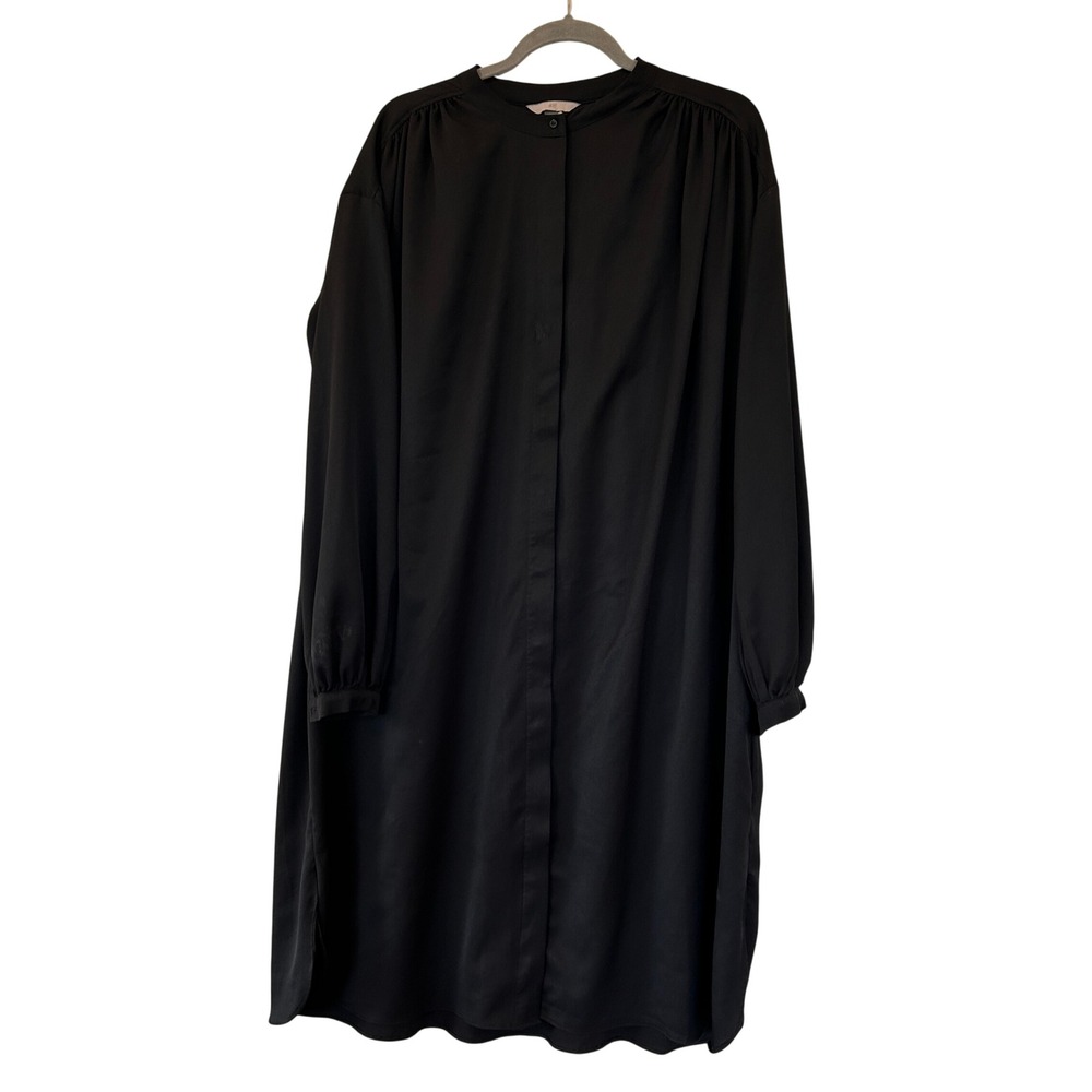 H&M Black Oversized Band Collar Midi Shirt Dress Long Sleeve Balloon Cuff Large